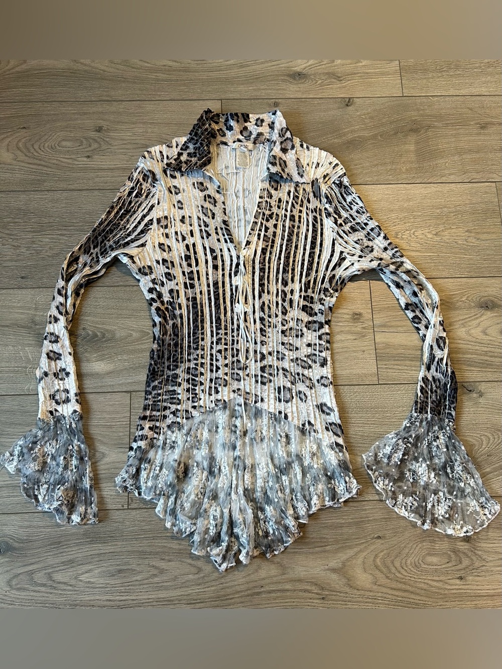Cache Vintage Lace / Animal Print Crinkle Plisse Blouse/ Tunic Size Large